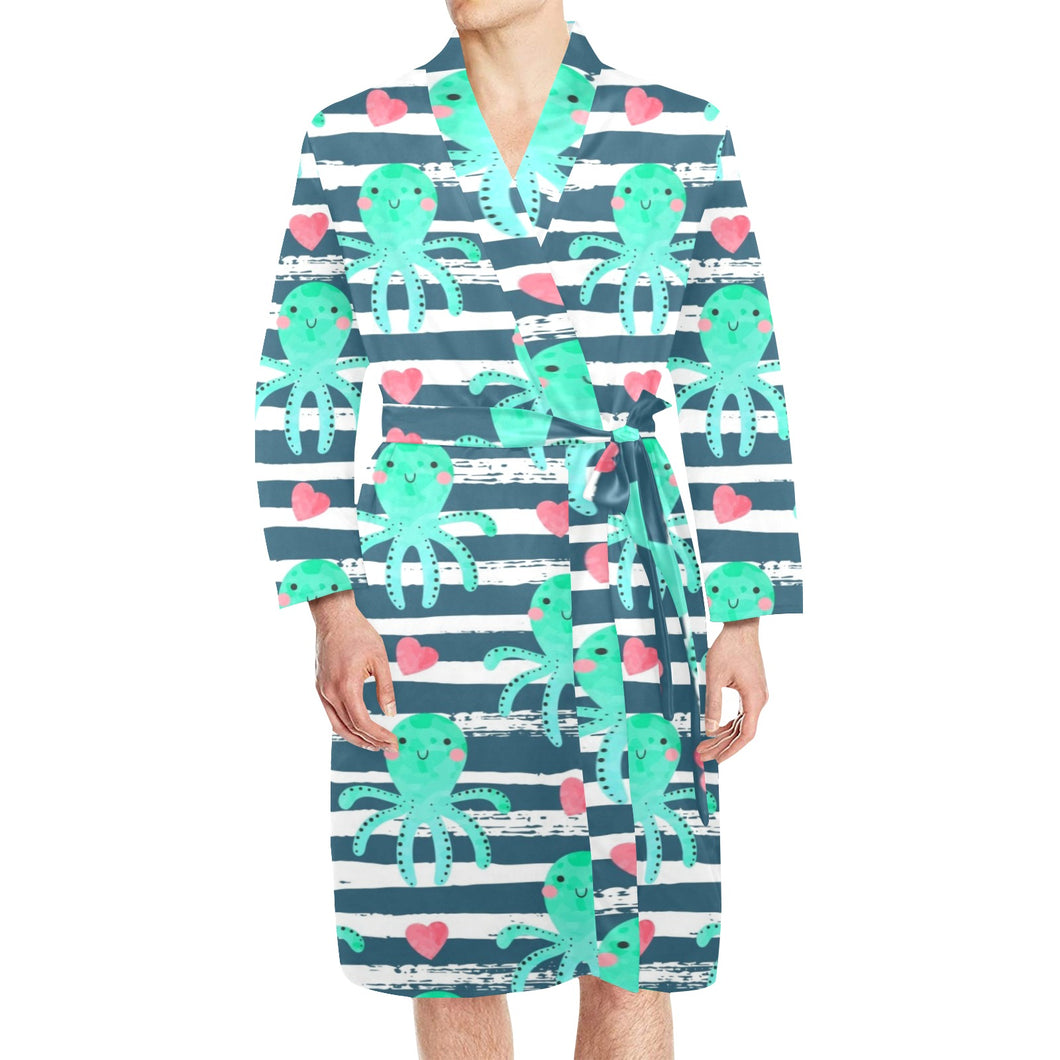 Cute octopuses heart striped background Men's Long Sleeve Belted Night Robe
