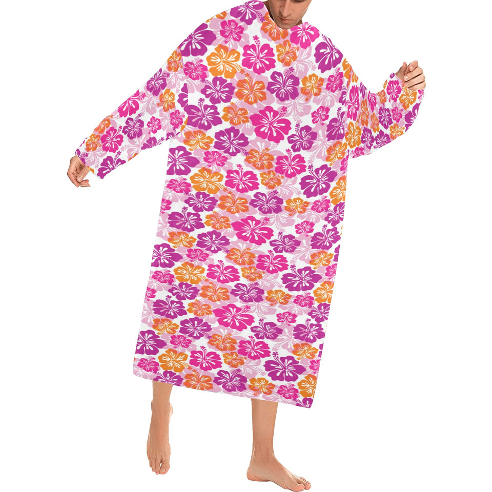 Hibiscus Pattern Print Design 01 Blanket Robe with Sleeves
