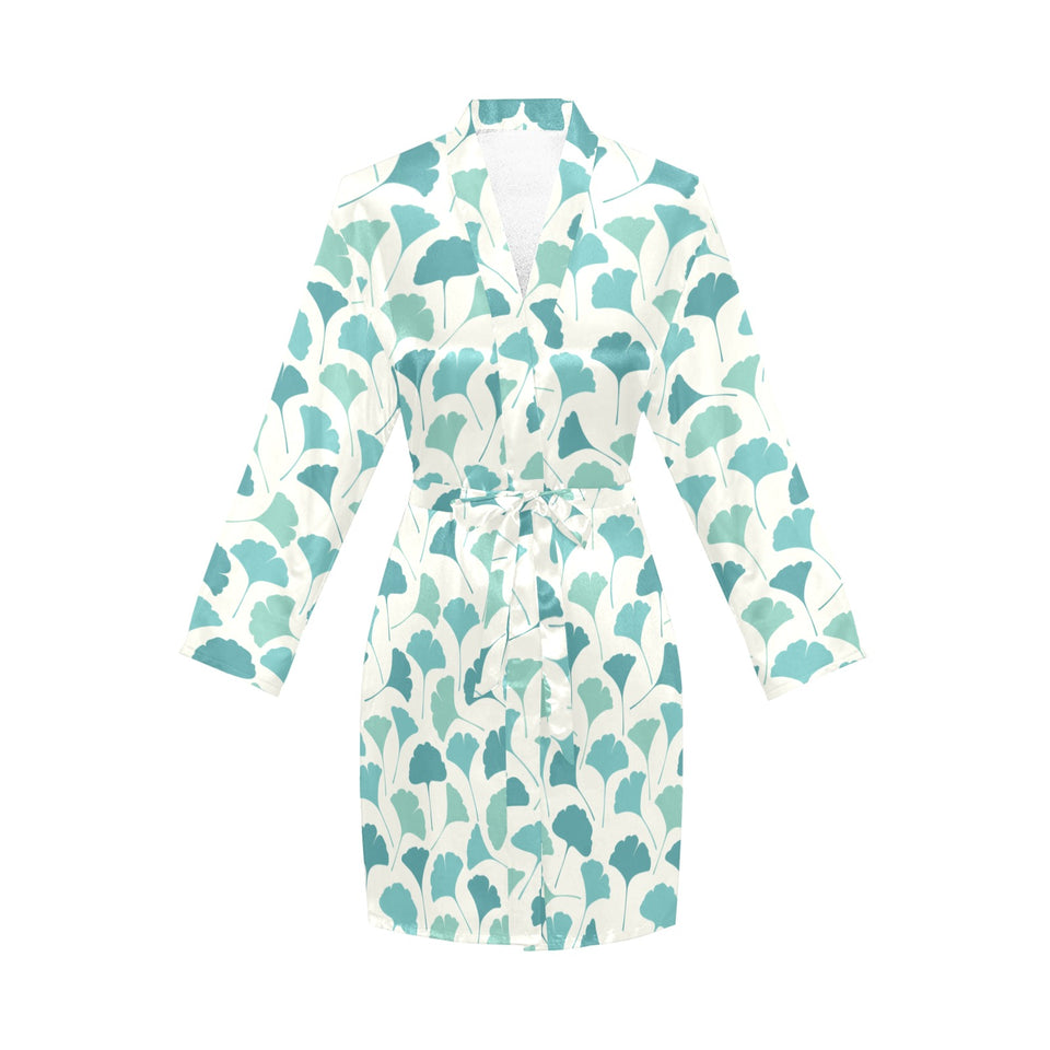 Green ginkgo leaves pattern Women's Long Sleeve Belted Night Robe