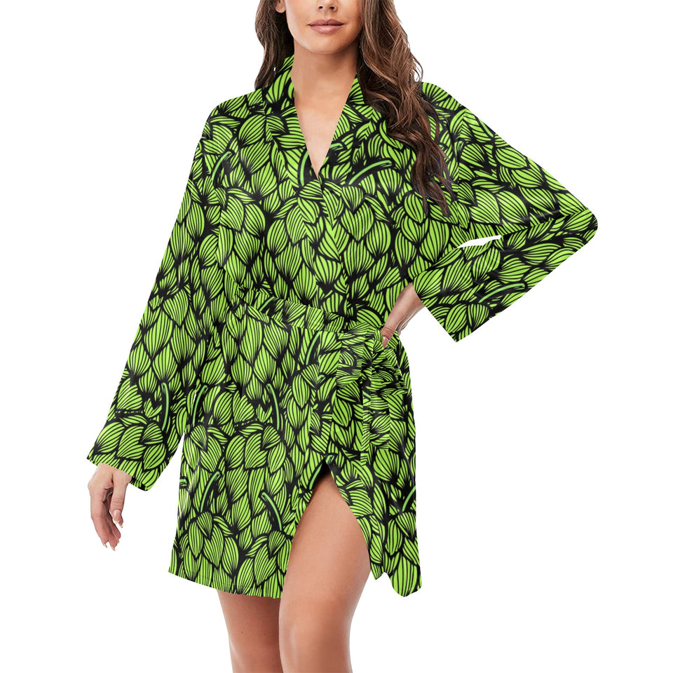 Green hop pattern Women's Long Sleeve Belted Night Robe