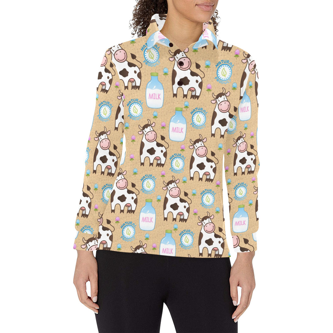 Cow bottle of milk pattern Women's Long Sleeve Polo Shirt
