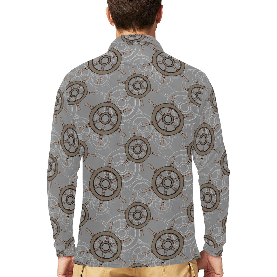 nautical wood steering wheel pattern Men's Long Sleeve Polo Shirt