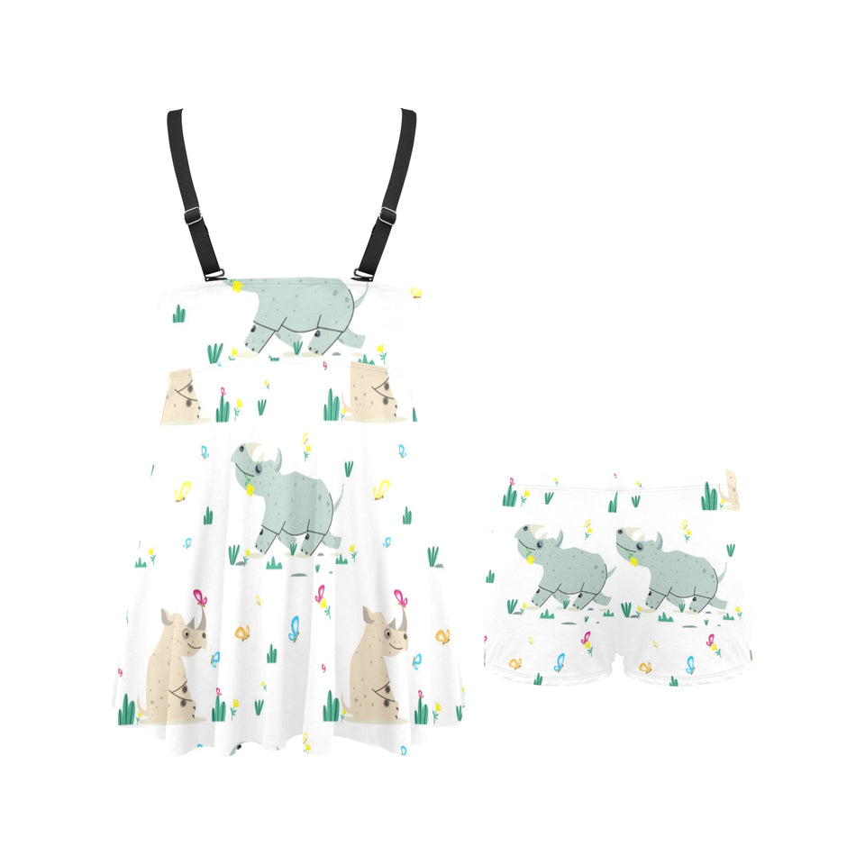 Cute Rhino pattern Chest Sexy Pleated Two Piece Swim Dress