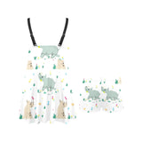 Cute Rhino pattern Chest Sexy Pleated Two Piece Swim Dress
