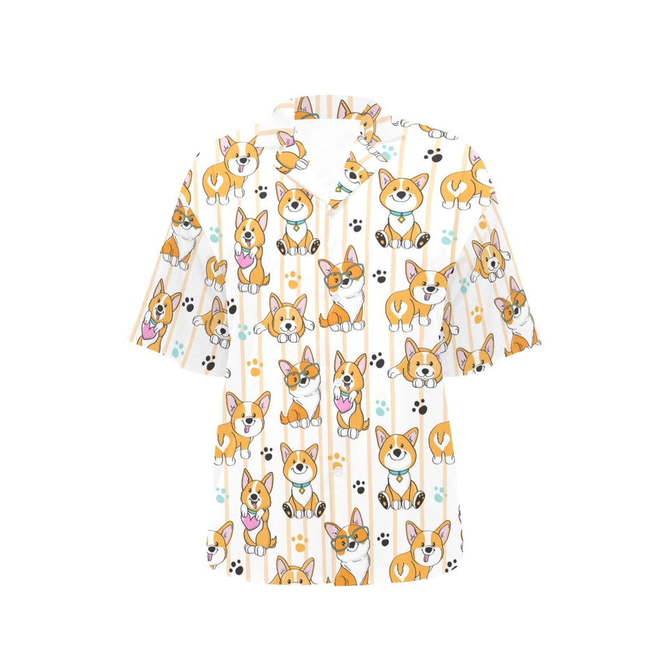 Cute dog corgi striped background pattern Women's All Over Print Hawaiian Shirt