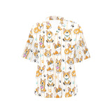 Cute dog corgi striped background pattern Women's All Over Print Hawaiian Shirt