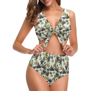 Canabis Marijuana Weed Pattern Print Design 05 Chest Bowknot High Waisted Bikini Swimsuit