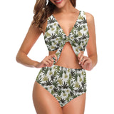 Canabis Marijuana Weed Pattern Print Design 05 Chest Bowknot High Waisted Bikini Swimsuit