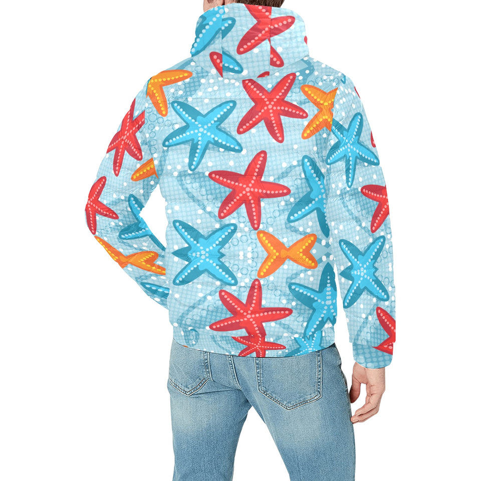 Blue red orange starfish pattern Men's Padded Hooded Jacket