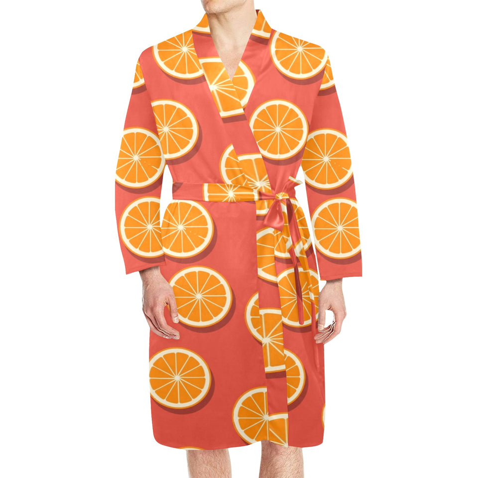 Oranges pattern red background Men's Long Sleeve Belted Night Robe