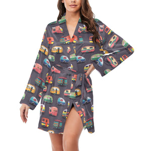 Camper Van Pattern Print Design 02 Women's Long Sleeve Belted Night Robe