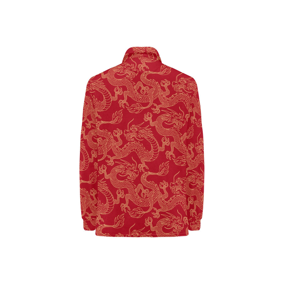Gold dragons red background Women's Long Sleeve Polo Shirt