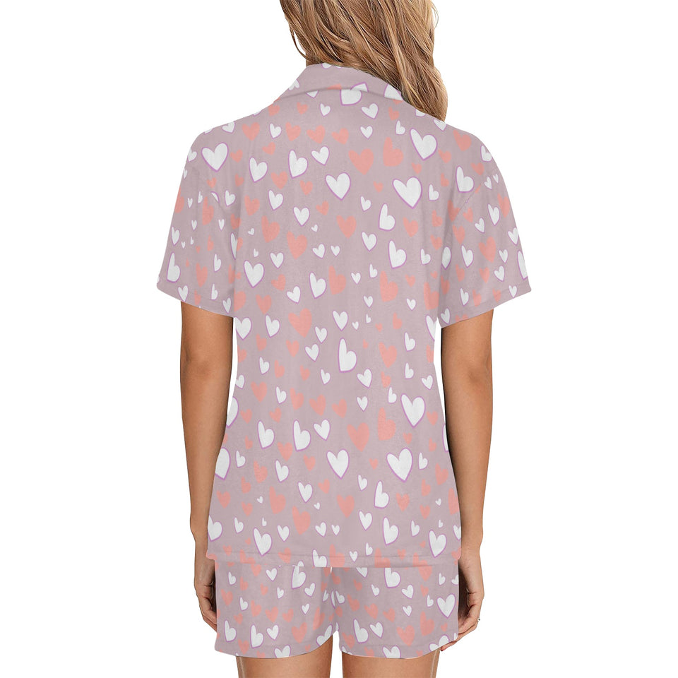 coral white heart pattern Women's V-Neck Short Pajama Set