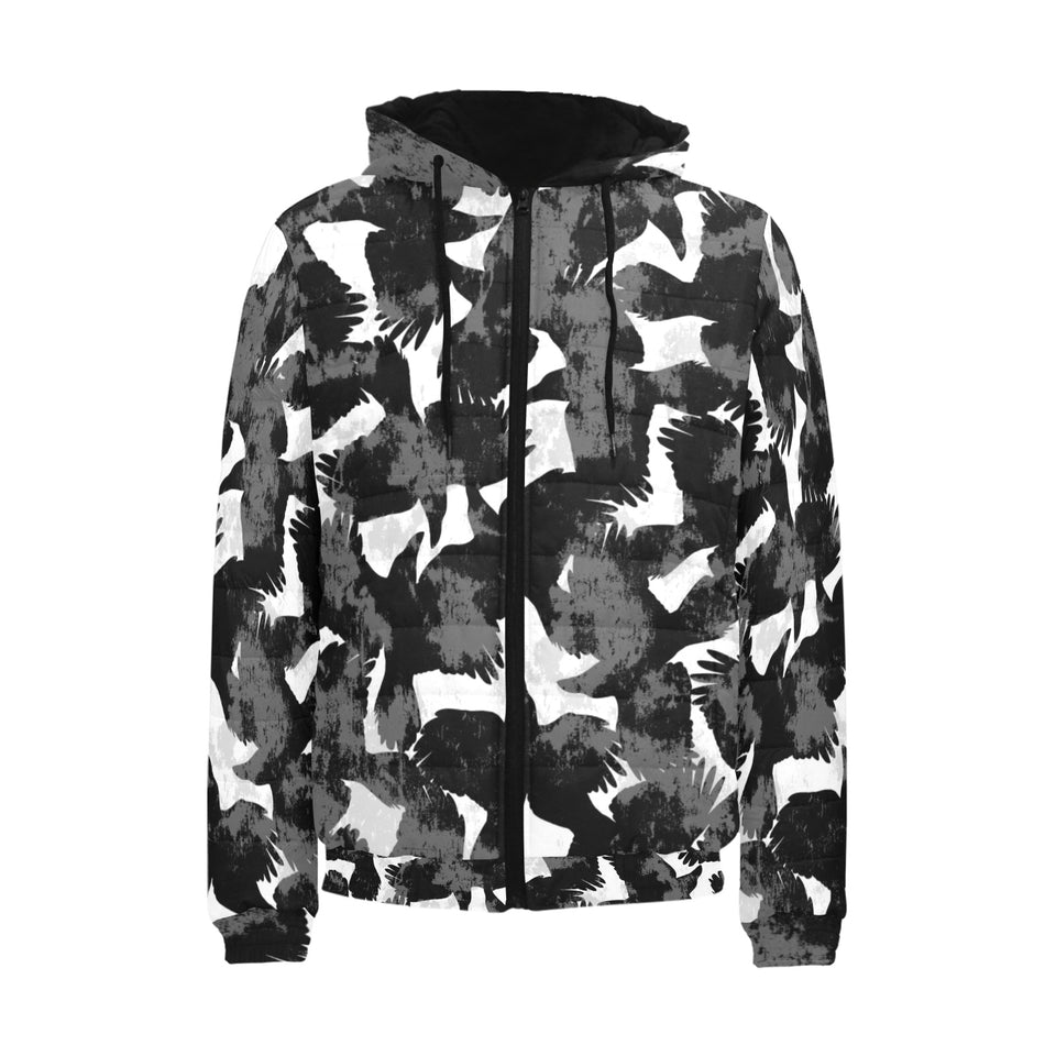 Crow illustration pattern Men's Padded Hooded Jacket