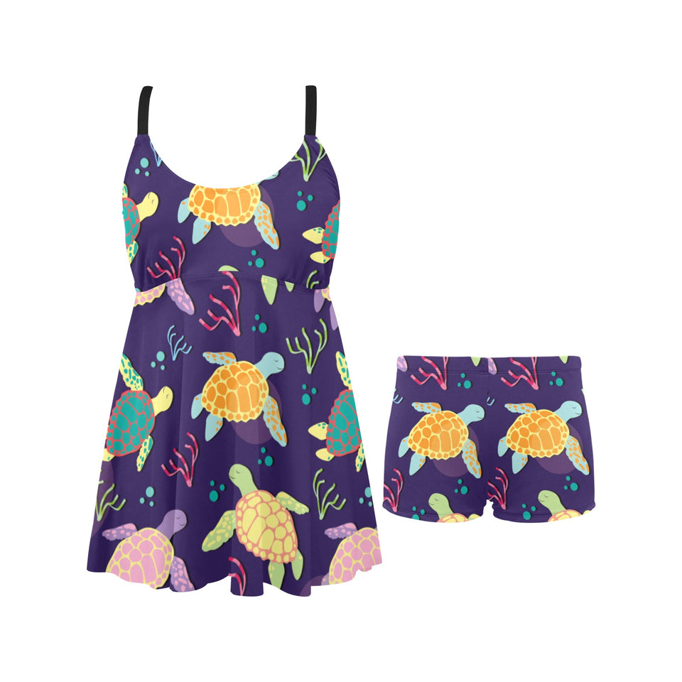Colorful sea turtle pattern Chest Sexy Pleated Two Piece Swim Dress