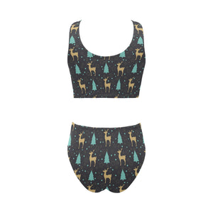 Deers star tree pattern Chest Bowknot High Waisted Bikini Swimsuit