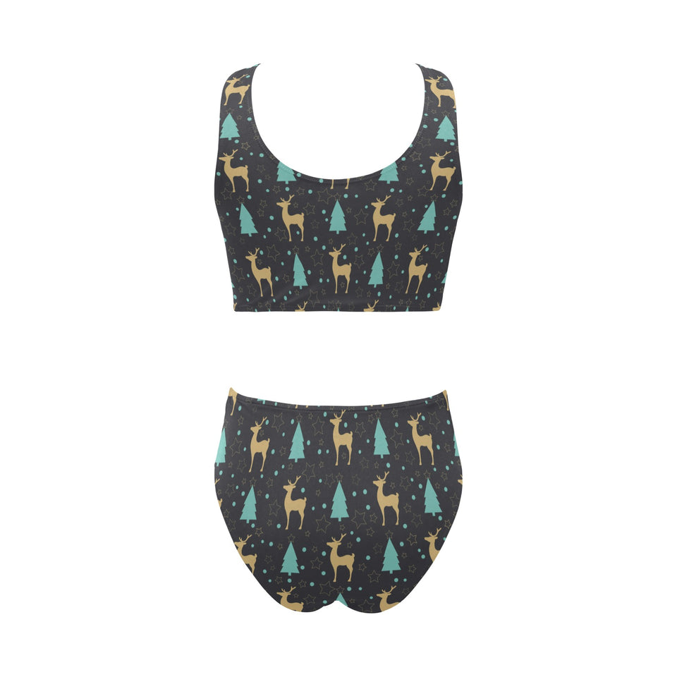 Deers star tree pattern Chest Bowknot High Waisted Bikini Swimsuit