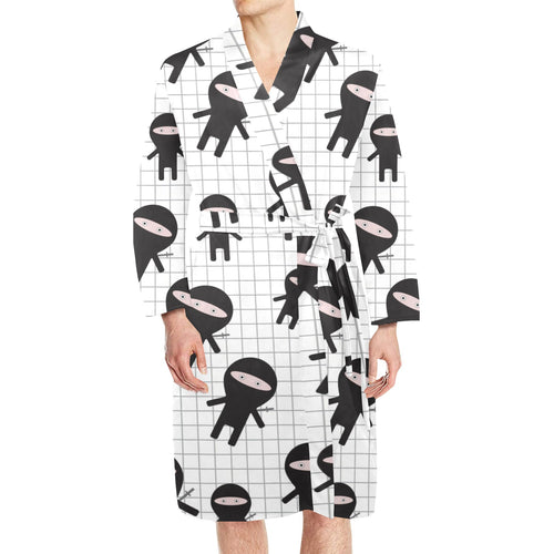 Ninja pattern plaid background Men's Long Sleeve Belted Night Robe