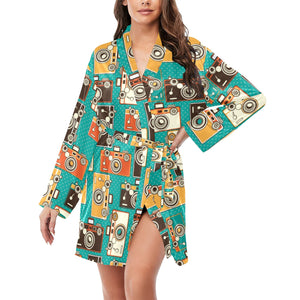 Camera Pattern Print Design 03 Women's Long Sleeve Belted Night Robe
