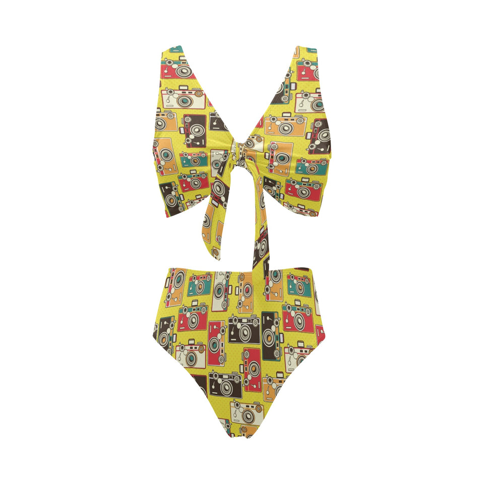 Camera Pattern Print Design 02 Chest Bowknot High Waisted Bikini Swimsuit