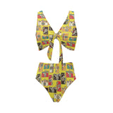 Camera Pattern Print Design 02 Chest Bowknot High Waisted Bikini Swimsuit