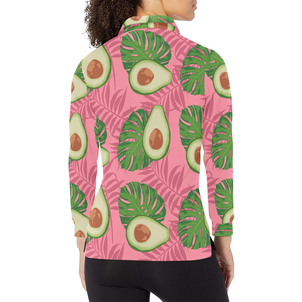 Avocado slices leaves pink back ground Women's Long Sleeve Polo Shirt