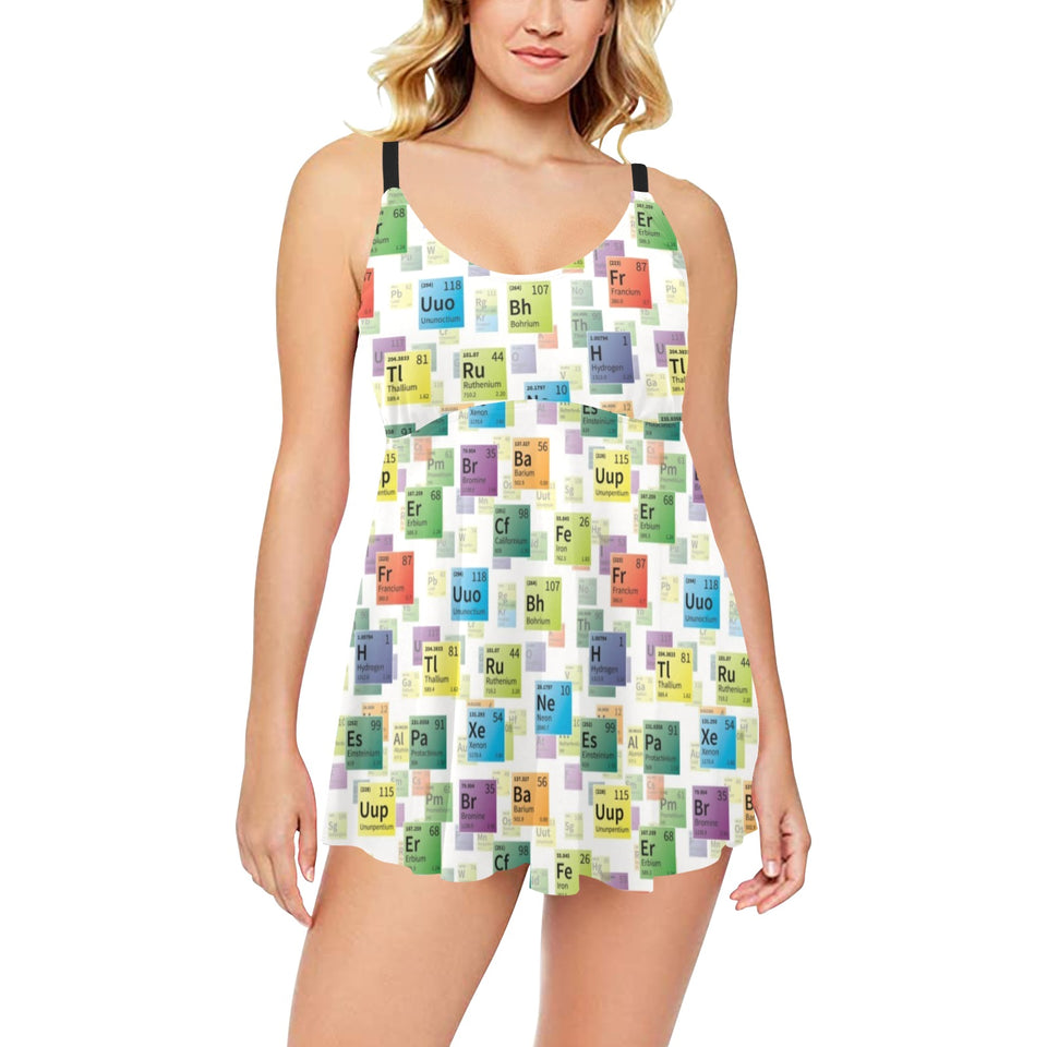 Chemistry Periodic Table Pattern Print Design 05 Chest Sexy Pleated Two Piece Swim Dress