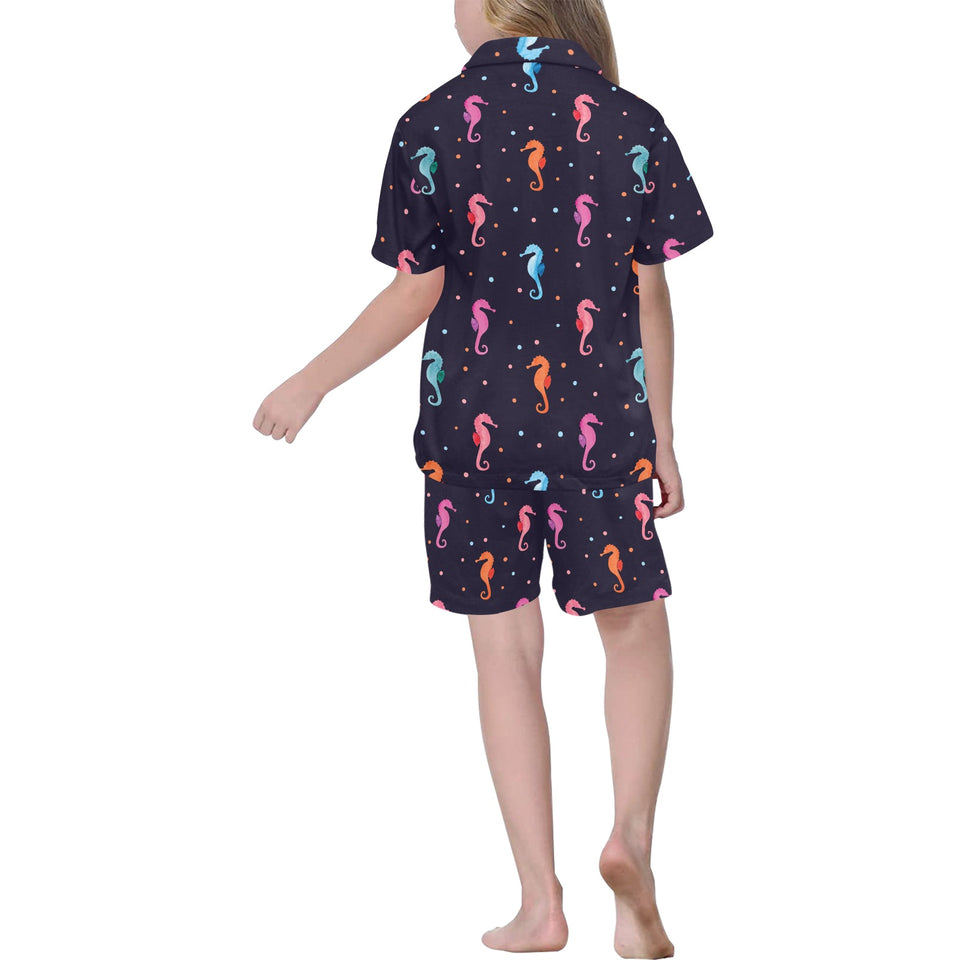 Watercolor colorful seahorse pattern Kids' Boys' Girls' V-Neck Short Pajama Set