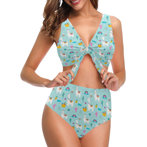 Llama alpaca cactus leaves pattern Chest Bowknot High Waisted Bikini Swimsuit