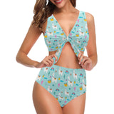 Llama alpaca cactus leaves pattern Chest Bowknot High Waisted Bikini Swimsuit