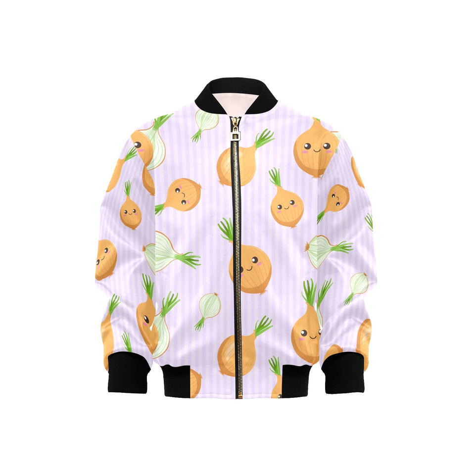 cute onions smiling faces purple background Kids' Boys' Girls' Bomber Jacket