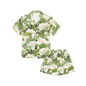 White orchid flower tropical leaves pattern Kids' Boys' Girls' V-Neck Short Pajama Set