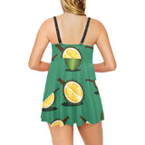 Durian pattern green background Chest Sexy Pleated Two Piece Swim Dress