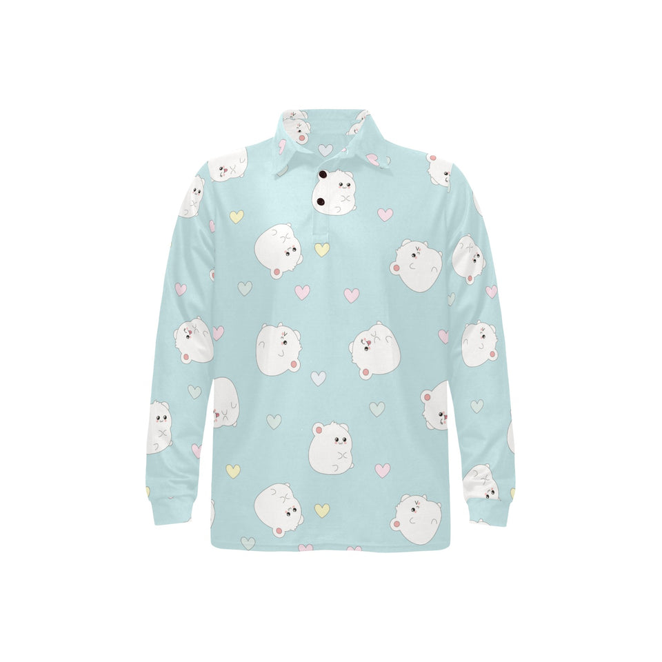 White cute hamsters heart pattern Men's Long Sleeve Polo Shirt