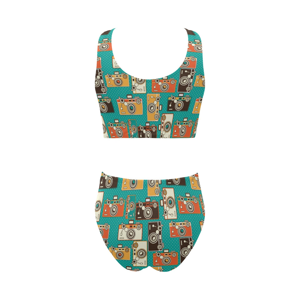 Camera Pattern Print Design 03 Chest Bowknot High Waisted Bikini Swimsuit