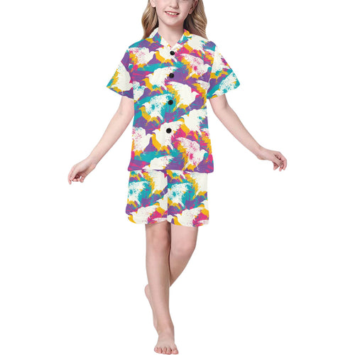 Colorful crow illustration pattern Kids' Boys' Girls' V-Neck Short Pajama Set