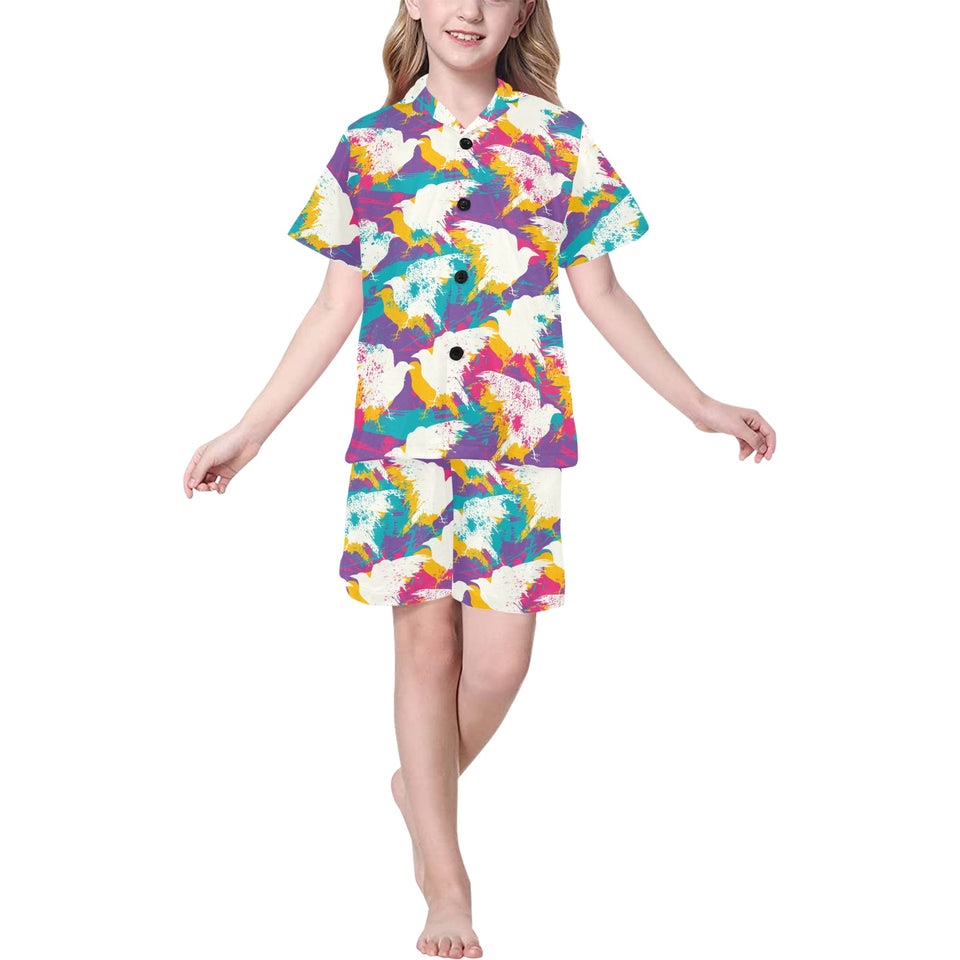 Colorful crow illustration pattern Kids' Boys' Girls' V-Neck Short Pajama Set