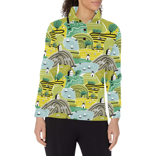 Hand drawn windmill pattern Women's Long Sleeve Polo Shirt