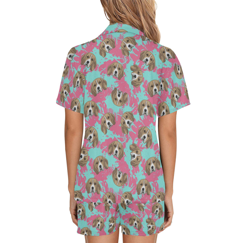 Beagle muzzles turquoise paint splashes pink patte Women's V-Neck Short Pajama Set