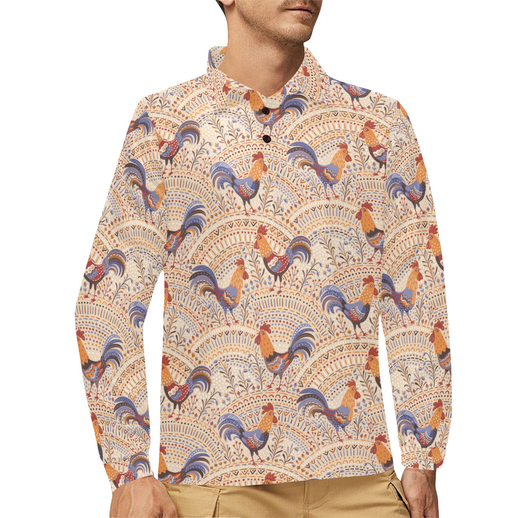 Cute rooster chicken cock floral ornament backgrou Men's Long Sleeve Polo Shirt