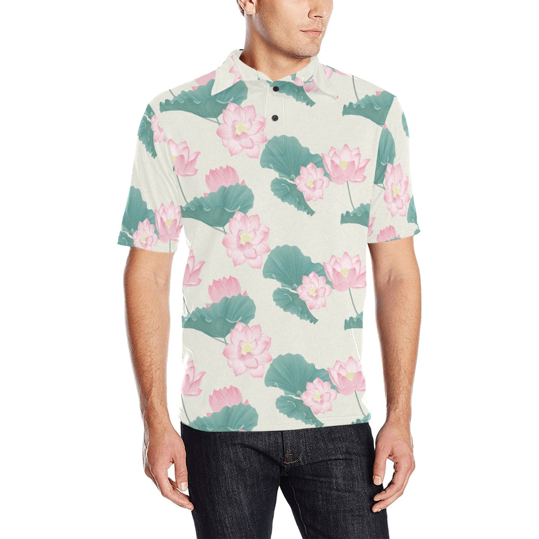 Pink lotus waterlily leaves pattern Men's All Over Print Polo Shirt