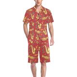 Saxophone cornet pattern red background Men's V-Neck Short Pajama Set