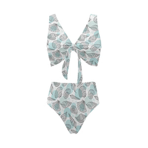 Shell polynesian tribal Chest Bowknot High Waisted Bikini Swimsuit