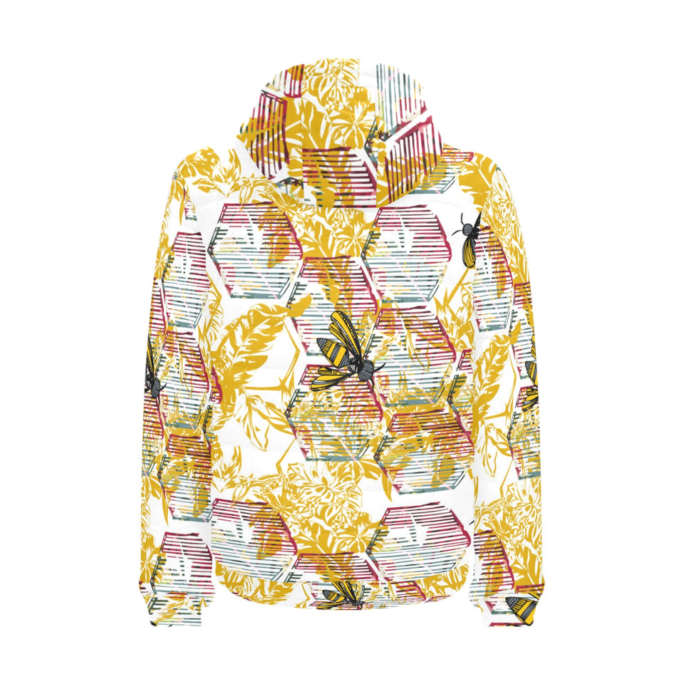 Cool Bee honeycomb leaves pattern Men's Padded Hooded Jacket