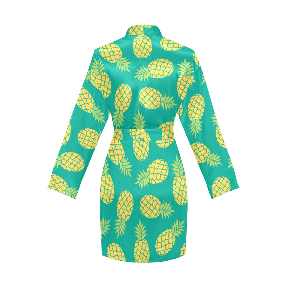 Pineapples pattern green background Women's Long Sleeve Belted Night Robe