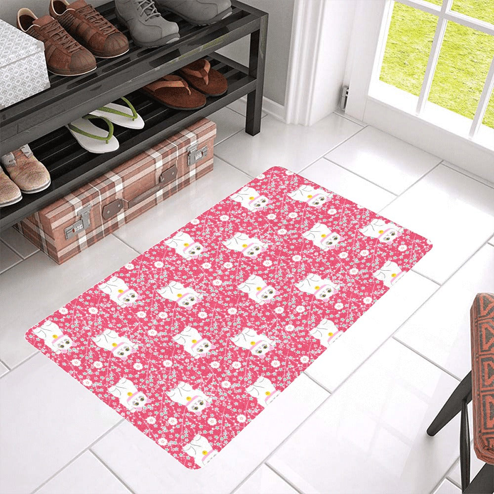 Maneki neko cat sakura pink background Doormat