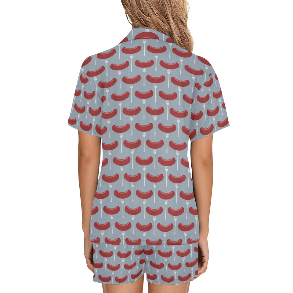 Sausage Pattern Print Design 02 Women's V-Neck Short Pajama Set