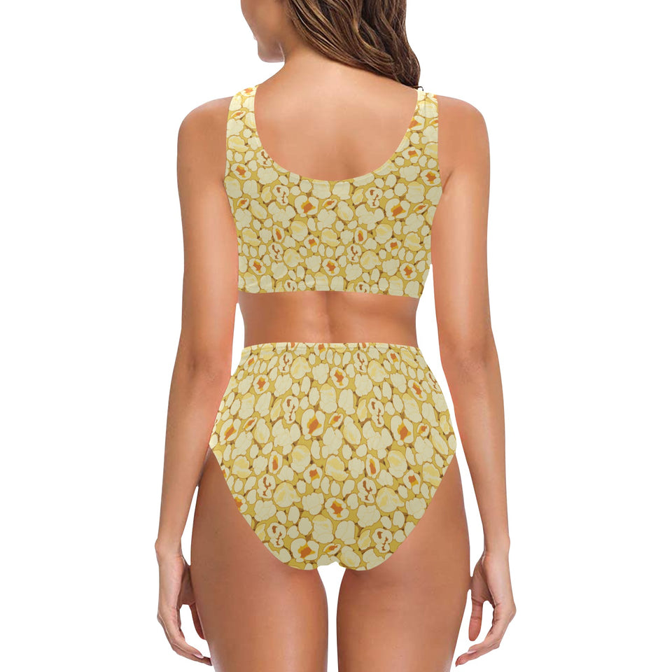Popcorn Pattern Print Design 04 Chest Bowknot High Waisted Bikini Swimsuit