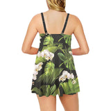 White orchid flower tropical leaves pattern blackg Chest Sexy Pleated Two Piece Swim Dress