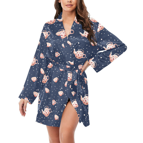 Tea pots Pattern Print Design 04 Women's Long Sleeve Belted Night Robe